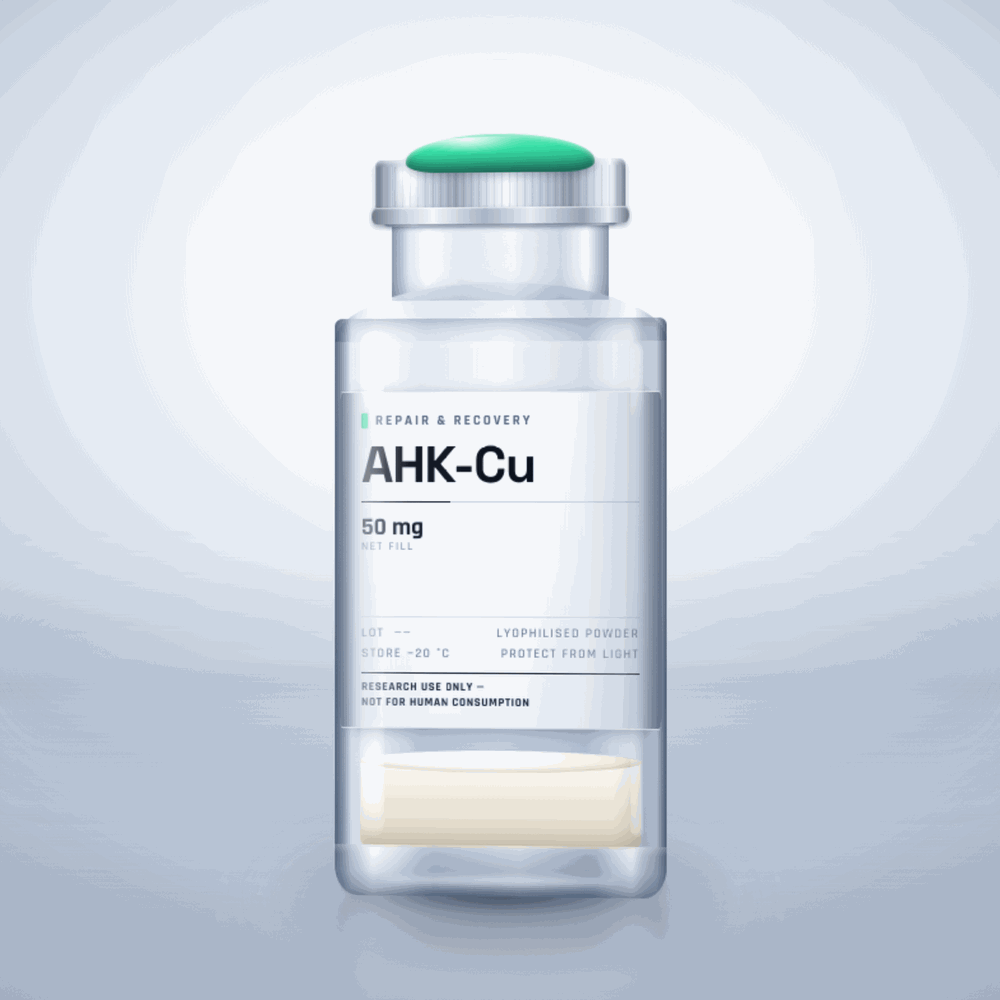 AHK-Cu 50mg vial — clear glass research-compound vial with an aluminium crimp cap,  purity, labelled for laboratory research use only