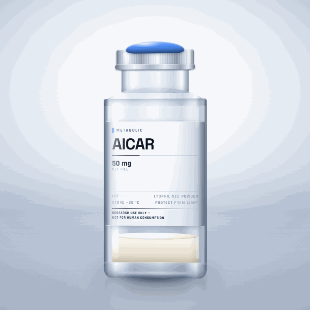 AICAR 50mg vial — clear glass research-compound vial with an aluminium crimp cap,  purity, labelled for laboratory research use only