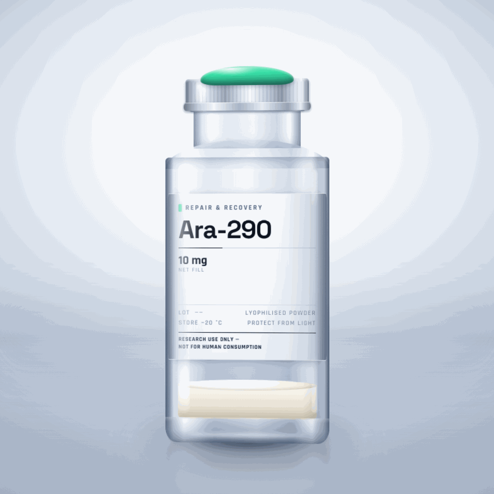 Ara-290 10mg vial — clear glass research-compound vial with an aluminium crimp cap,  purity, labelled for laboratory research use only