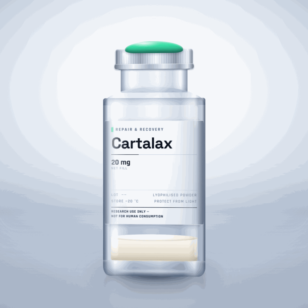 Cartalax 20mg vial — clear glass research-compound vial with an aluminium crimp cap,  purity, labelled for laboratory research use only
