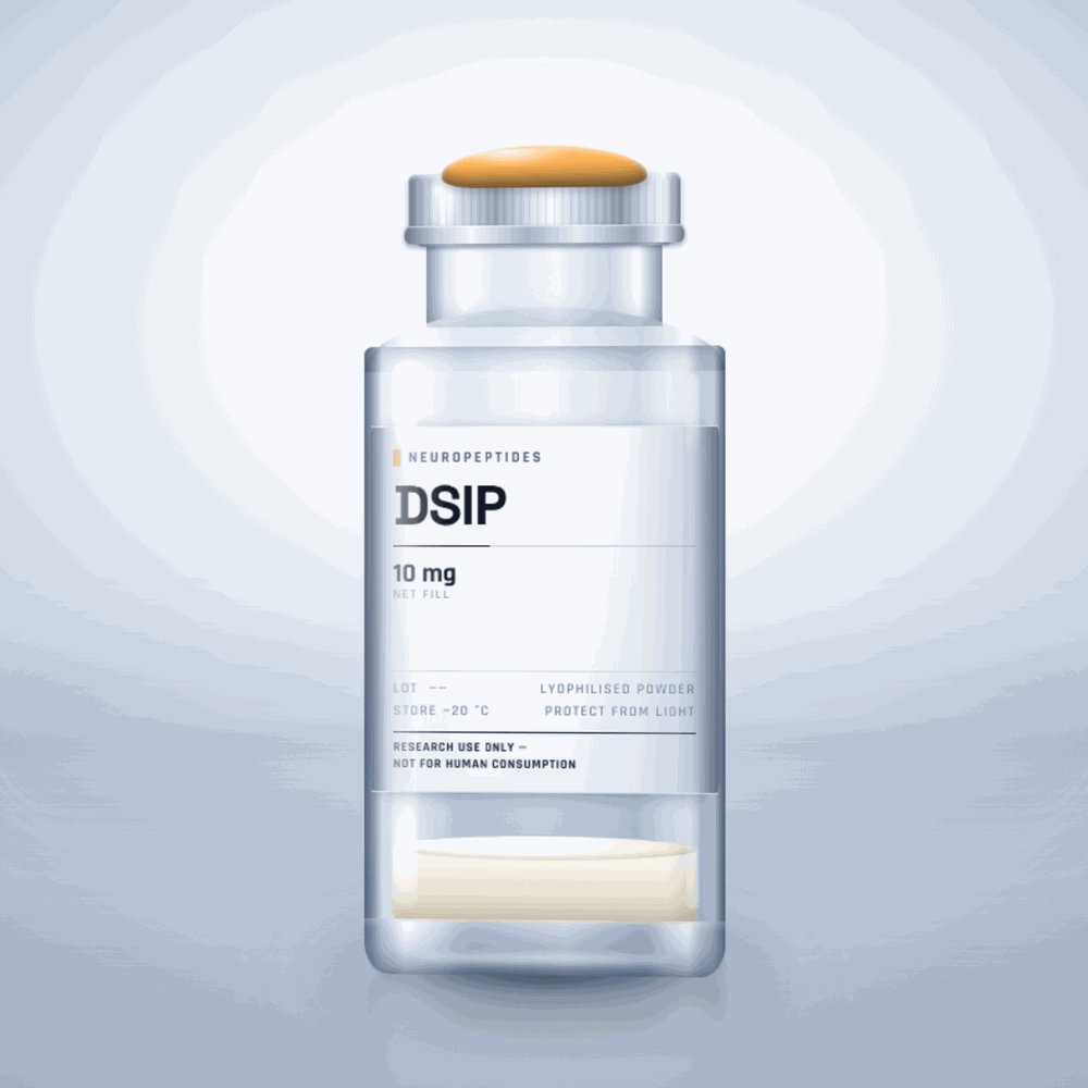 DSIP 10mg vial — clear glass research-compound vial with an aluminium crimp cap,  purity, labelled for laboratory research use only