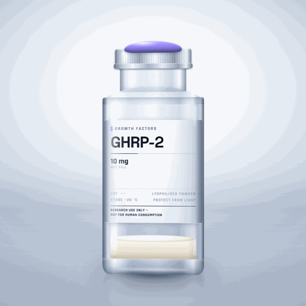 GHRP-2 10mg vial — clear glass research-compound vial with an aluminium crimp cap,  purity, labelled for laboratory research use only