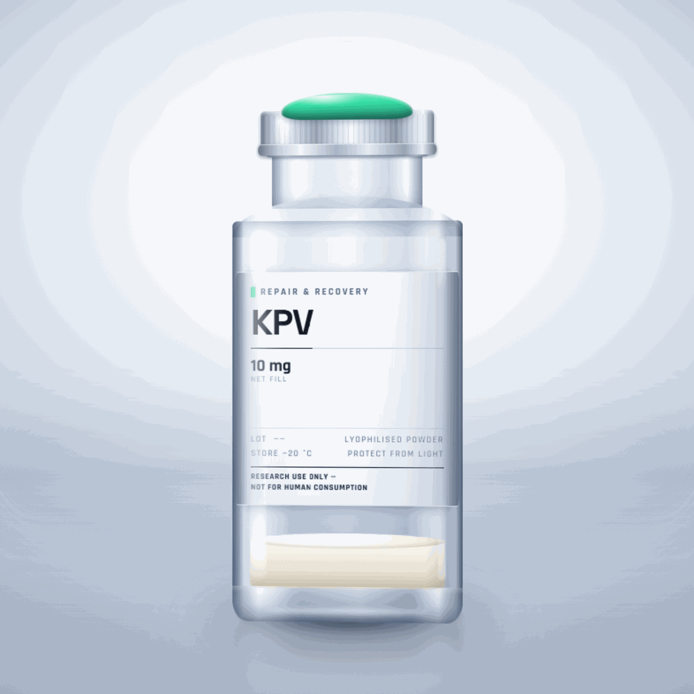 KPV 10mg vial — clear glass research-compound vial with an aluminium crimp cap,  purity, labelled for laboratory research use only
