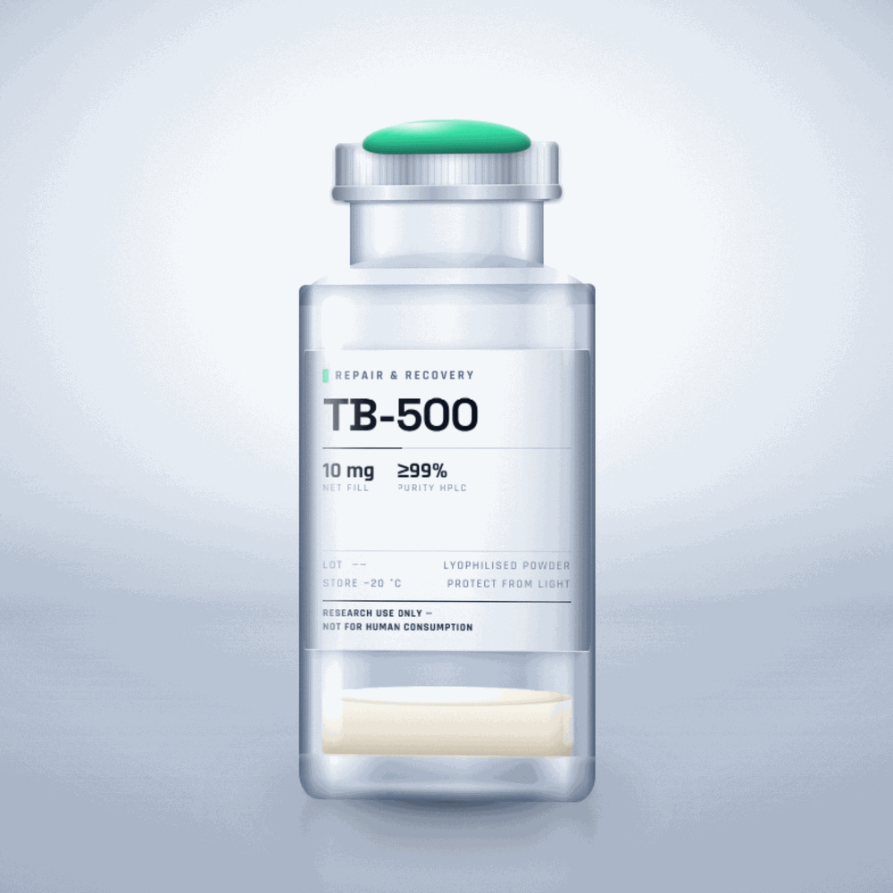 TB-500 — lyophilised research compound vial, ≥99% purity, for laboratory research use only